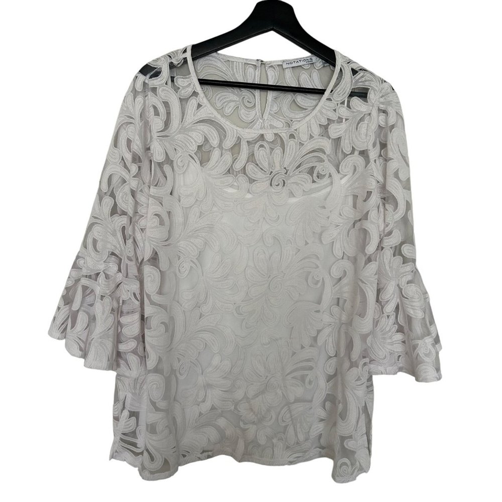 Notations Womens Overlay Lace Blouse Tank Undershirt Size 1X White 3/4 Bell Slee